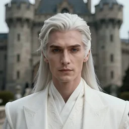 cinematic portrait of a white haired elven man wearing a fine white suit, old castle background, full face portrait, centered, symmetrical face, atmospheric lighting, intricate, volumetric lighting, concept art, sharp focus, perfect eyes, ultra detailed, concept art by marc simonetti and dan mumford. featured on artstation