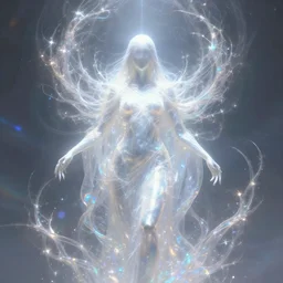 faceless, shrouded figure, powerful being, plant spirit, fractal entity, spirit guide, light being, pearlescent, shiny, glowing, ascending, chromatic aberration, prismatic