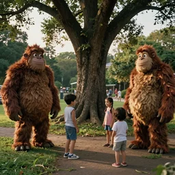 1990s candid photo of a beautiful day at the park, cinematic lighting, cinematic look, golden hour, large personified costumed tree people in the background, Enormous tree people mascots with friendly faces, kids talking to tree people, UHD