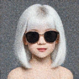 portrait photo of a lovely young girl wearing a sunglasses, white shoulder length short hair, studio lighting