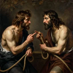 judas and jesus discussing ropes. by caravaggio, by diego velazquez, by frans hals. oil painting, high detail, sfumato.
