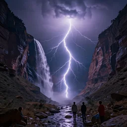 canyon struck by spiral lightning, water cascading, by peter mohrbacher dan mumford craig mullins nekro, cgsociety, pixiv, volumetric light, 3 d render