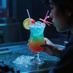 agent 4 7 drinking a tropical cocktail, submerged in translucent goo, over the shoulder perspective, in 1 9 8 5, y 2 k cybercore, industrial low - light photography, still from a kiyoshi kurosawa movie