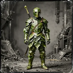 old tintype photo of a wonderful realistic armour made of leaves, dramatic light, dystopian environment, intricate, elegant, highly detailed, centered, digital painting, artstation, concept art, smooth, sharp focus, illustration, artgerm, tomasz alen kopera, peter mohrbacher, donato giancola, joseph christian leyendecker, wlop, boris vallejo