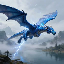 a massive blue lightning dragon flying over lake, fog, mountains in background, detailed digital painting, trending artstation
