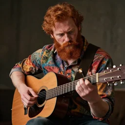 a bearded ginger man in shirt with too many colours playing a 4 2 0 - string guitar, highly detailed, ambient occlusion, cinematic composition