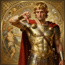 julius Ceasar showing thumb down during gladiator fight, intricate, elegant, highly detailed, digital painting, artstation, concept art, smooth, sharp, focus, illustration, art by artgerm and greg rutkowski and alphonse mucha