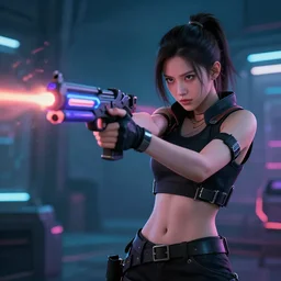 g girl firing a laser gun, animatic, high quality, cyberpunk
