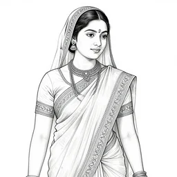 line art of a women from maharashtra in saree from 2 0 th century extremely detailed, intricate