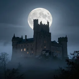 an old castle rising up from the mist at night silhouetted by a huge moon, by Noah Bradley, Darek Zabrocki,, James Paick, Natasha Tan, highly detailed, ultra detailed, ultra realistic, trending on artstation, thomas kincade