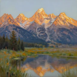 serenity at grand teton national park, oil on canvas artwork by hatsune, nostalgic, golden hour