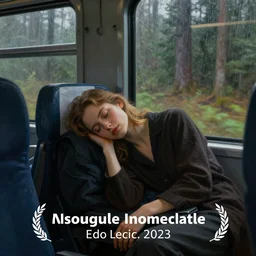 painting of a woman who fell asleep during a train ride as it goes through a forest while it rains