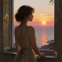woman looking out the window to a beautiful sunset, water view, intricate, highly detailed, digital painting, artstation, concept art, smooth, sharp focus, illustration, Unreal Engine 5, 8K, art by artgerm and greg rutkowski and alphonse mucha