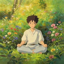 a painting of a man meditating in the middle of a garden, dreamy, shrubery, flowers, golden hour, dreamy, 8 k concept art, enhanced hands, hyperrealistic, by studio ghibli, disney - style