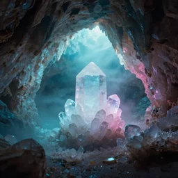 cave with crystals, volumetric light, foggy, moody, kodak, cyan and pink light