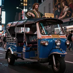 a blue and white tuk tuk in Times Square at night, dark washed tint, dream-like heavy atmosphere, dark baroque painting, beautiful detailed intricate insanely detailed octane render trending on Artstation, 8K artistic photography, photorealistic, dramatic volumetric cinematic perfect light, chiaroscuro, award-winning photograph, masterpiece, Raphael, Caravaggio, Beksinski, Giger, 4k