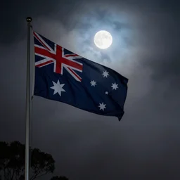 Australian winter night, an Australian flag, foggy, moon, moon rays, trending on artstation, 30mm, by Noah Bradley
