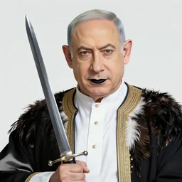insanely detailed portrait of benjamin netanyahu, oriental clothing, feathers, holding sword, black lipstick, elegant patterns background, rich colors, vibrant, thick outlines, by yoshitaka amano
