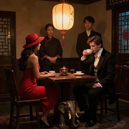 in a dimly lit room, lit by a chinese lantern, at a table with a leg in the form of an elephant sit a tanned, long - haired brunette in a pearl necklace and a red dress and red hat, who sits with her back, and a young short - haired brown - haired polivanov in a tailcoat and white shirt, who drinks coffee, stands behind chinese servant