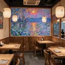cozy Japanese restaurant interior at night, trending on Artstation, Claude Monet painting, hyper detailed, award-winning, picturesque, visually stunning