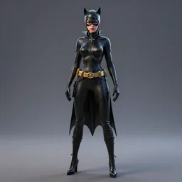 full body 3d render of Catwoman in the style of Tim Burton, photorealistic, finalRender, octane, Unreal Engine