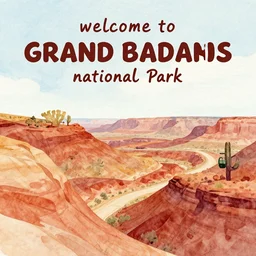 welcome to grand badlands national park! vibrant tourist poster, minimalism, tourism, rich color palate, watercolors, trending on artstation