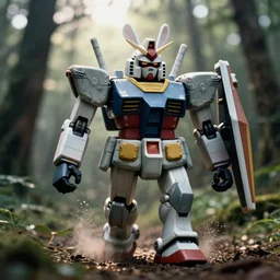 a 3 5 mm photo from the front of a giant mecha armored war delorean robot chubby rabbit as gundam delorean walking in the woods, splash art, movie still, bokeh, canon 5 0 mm, cinematic lighting, dramatic, film, photography, depth of field, award - winning, backlighting, overcast, 8 k, hyper detailed, 3 5 mm film grain