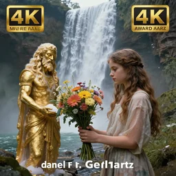 hyperrealist portrait of a girl offers a bouquet of flowers to the ancient god of salt, gold and myrrh in a natural landscape with a huge waterfall behind. by daniel f. gerhartz, fantasy art, photo realistic, dynamic lighting, artstation, poster, volumetric lighting, very detailed faces, 4 k, award winning
