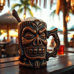 a closeup photorealistic photograph of a captain america style trader vic's tiki mug in the style at the restaurant beach bar. bright scene. fine detail. this 4 k hd image is trending on artstation, featured on behance, well - rendered, extra crisp, features intricate detail, epic composition and the style of unreal engine.