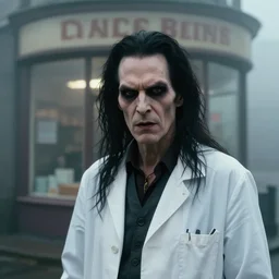 an ultra realistic cinematic headshot portrait of an evil scientist, stood outside a corner shop, foggy, detailed, deep focus, movie still, dramatic lighting, by annie leibovitz