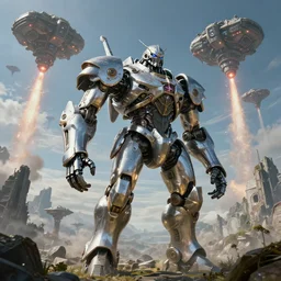 highly detailed elden ring portrait photo of a huge chrome plated robotic giant in a scenic dystopian environment. a fleet of even bigger massive spacecrafts lift off in the background starting engines, hyperrealistic illustration by william didier - pouget