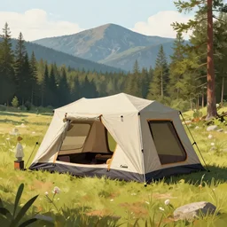cabela's tent fabric shelled pop up family dwelling unit, cabin, modular, person in foreground, mountainous forested wilderness open fields, beautiful views, painterly concept art, joanna gaines, environmental concept art, farmhouse, magnolia, concept art illustration by ross tran, james gurney, by craig mullins, by greg rutkowski
