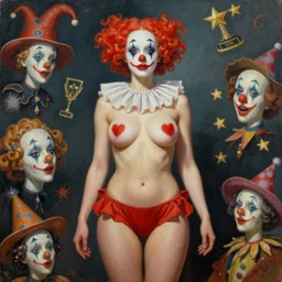 artstyle by Tom Bagshaw, ultra realist soft painting of a carnival of curiosities, single beautiful female clown with a top cloth and hotpants, symmetry accurate features, very intricate details, focus, curvy, award winning