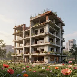 a beautiful very detailed render of restaurant building city nature industrial architecture urbex unfinished building by marina tabassum, at dawn crystal poppy, archdaily, wallpaper, highly detailed, trending on artstation.