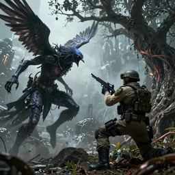 the shrike, a cruel, god like, humanoid creature vs the colonel, a pride, fearnless, tactical commando, fighting over the tree of pain in hyperion, epic sci fi battle, alien world, hyperrealist, intricate, dramatic, cinematic, breathtaking, octane, unreal 5, 8 k, photoshop, ultra detailed, by dan simmons