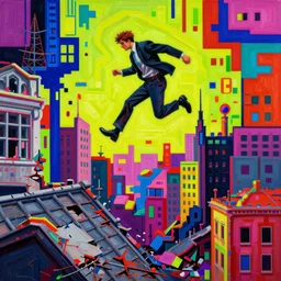 realistic detailed image of a man jumping of a roof of ruined city, corrupted over - saturated 4 k uncropped photo by max ernst and paul klee, high quality, ultra detailed. masterpiece, oil on canvas painting, pixelart, pixel sorting, glitch, datamosh. bold and vivid acid neon colors. intricate artwork by gustav klimt. 3 d rendered in octane. unreal 5, 8 k