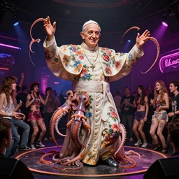 a perfect color photograph of a hideous glob of what looks like a solitary pope, but is actually an atomic explosion, covered in floral tattoos dancing in a radical squid designed nightclub, moulded around a group of teens on drugs. squids emerge from inside their chests.