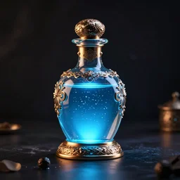 An ornate potion bottle containing glowing blue liquid, 4k octane render, dramatic lighting, trending on Artstation