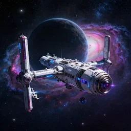 cyberpunk space station, black hole and galaxy background, neon, space art, realism