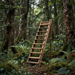 single short wooden staircase object in the middle, overgrown forest , Wadim Kashin, in Peter Elson color scheme, featured in artstation, octane render, cinematic, elegant, intricate, 8k