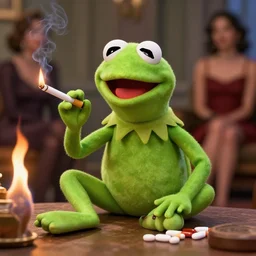 kermit the frog on a drug and alcohol fueled binge, cigaretts, flames, hookers,