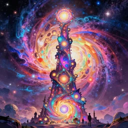 majestic celestial fractal tower, highly detailed cosmic psychedelic colorful background, trending on artstation, by david normal and tokio aoyama
