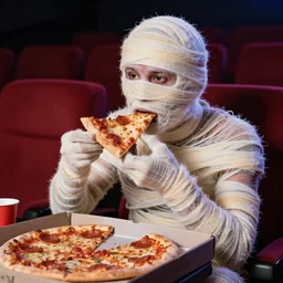 a mummy going to the cinema eating pizza