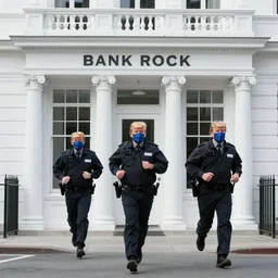 bank robbers running out of white bank wearing trump masks by Emmanuel Lubezki