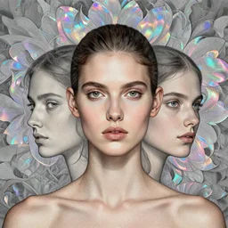 portrait study, supermodel with floral background : : holographic fractals : : by karol bak, artgerm, moebius, elena masci, tom bagshaw, giuseppe arcimboldo : : portrait, illustration, photorealism, hyperrealism, surrealism, negative space, intricate detail, line work