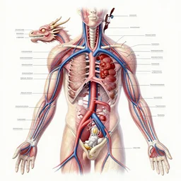 A very detailed medical anatomical illustration of a dragon circulatory system with labels. Professional, high quality, high resolution
