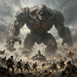concept art, massive world war one battle against the colossal titan, realistic shaded lighting poster by ilya kuvshinov, magali villeneuve, artgerm, jeremy lipkin and michael garmash and rob rey