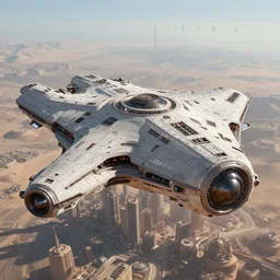 spaceship from the movie dune, 2 0 2 1 cinematic 4 k framegrab, intricate abstract spaceship floating detailed docking ports. flying above a giant city