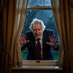 a photo taken from the inside of an old house showing the curtains of a window being pulled back to reveal a terrifying boris johnson with his face pressed against the window, boris ’ hand placed on the window, horrifying grin. raining, thunderstorm, night time