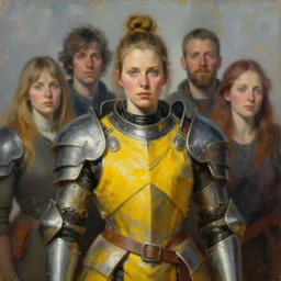 portrait of swedish woman wearing blur and yellow cloth tabard over steel power armor. intricate painting by ross tran, magali villeneuve, and jeremy mann.